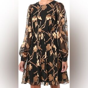 Tommy Hilfiger Black and Brown Floral Long Sleeve Dress